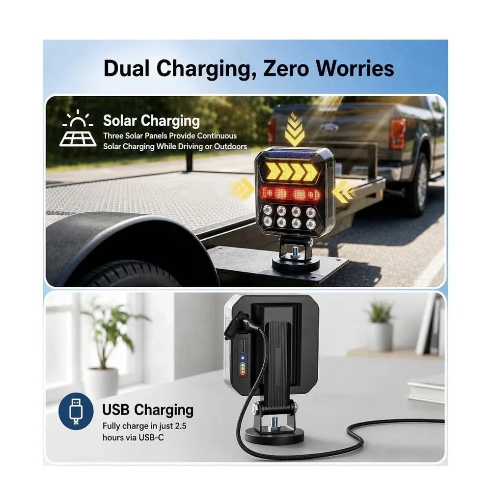 12N31/ Wireless Trailer Lights Kit, Solar USB-C Magnetic Rechargeable LED